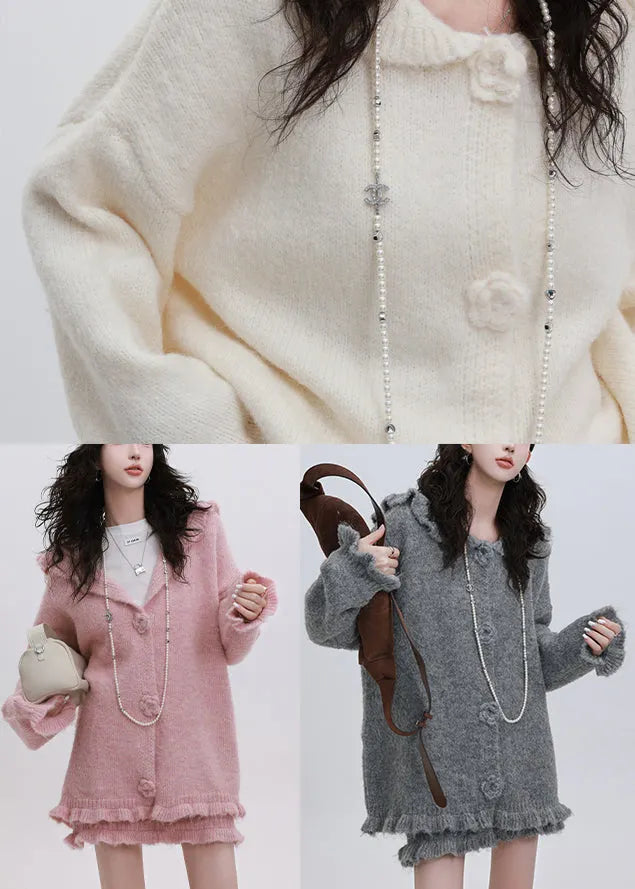 Handmade Pink Ruffled Hooded Knit Loose Two Pieces Set Winter