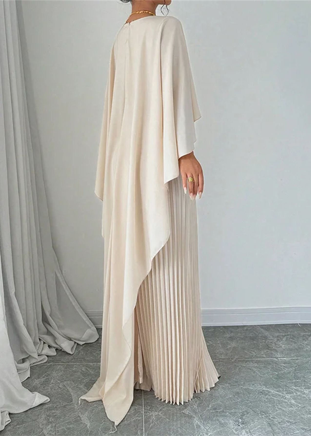 Beige Asymmetrical Patchwork Cotton Long Dress Batwing Sleeve