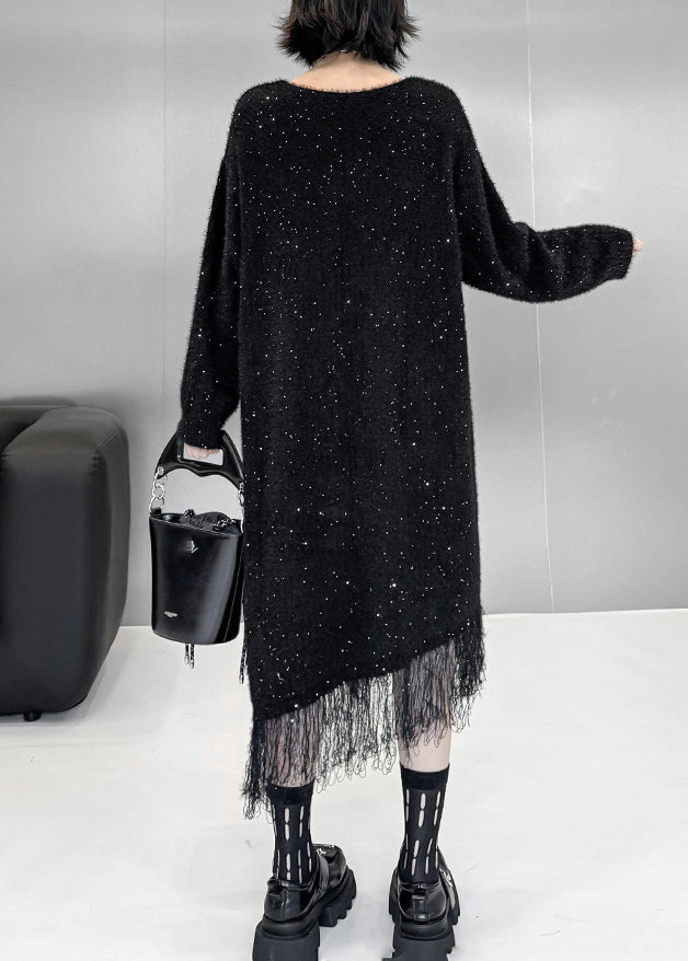 Black Asymmetrical Tulle Patchwork Sequins Cotton Knit Sweater Dress Fall