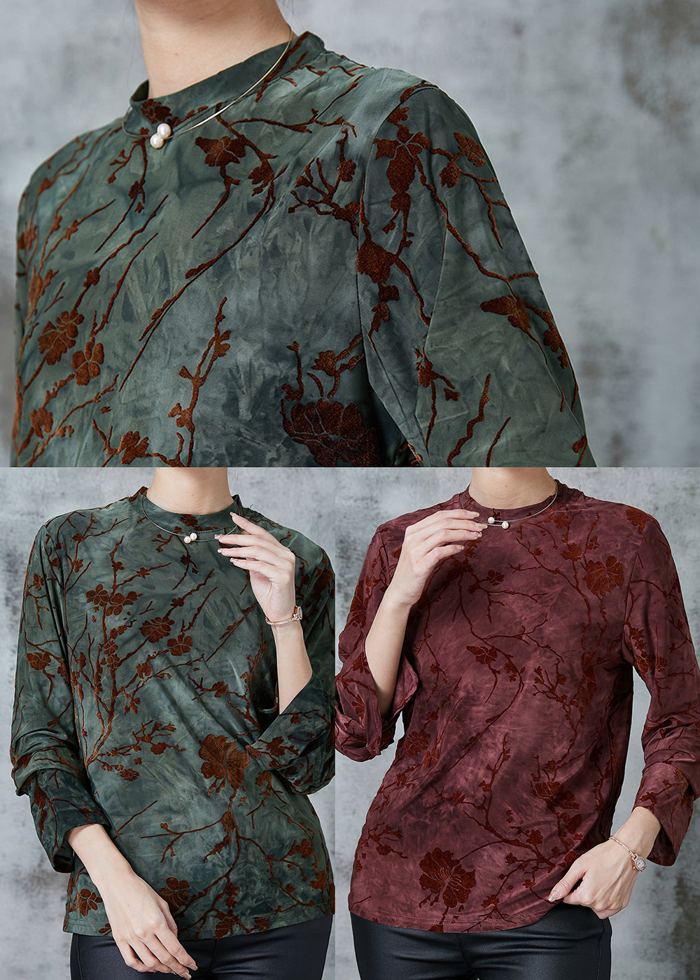 Blackish Green Jacquard Silk Velour Shirts Spring
