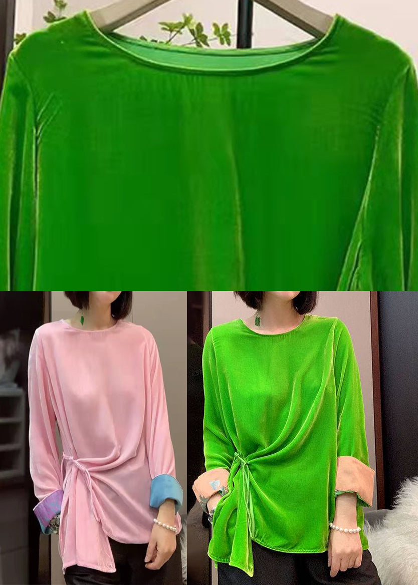 Pink Patchwork Velour Top Asymmetrical Design Long Sleeve