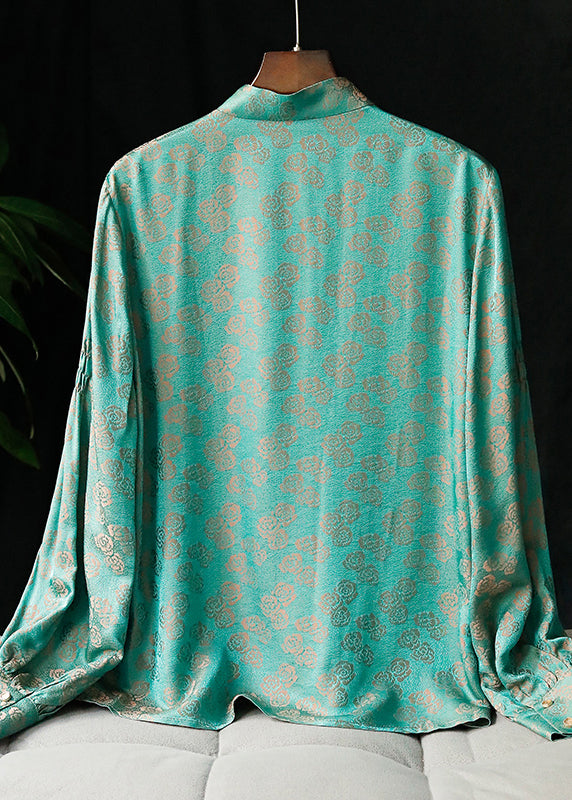 Peacock Green Mandarin Collar Button Jacquard Shirt Tops Long Sleeve Spring