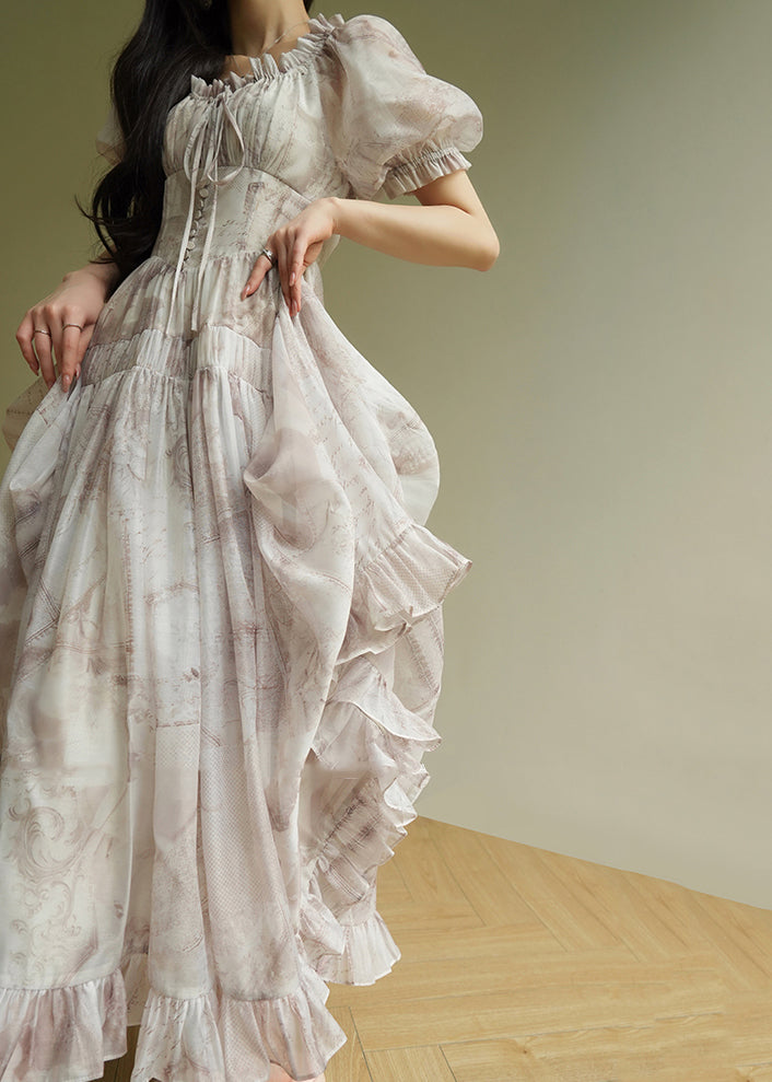 O-neck Ruffled Print Tunic Chiffon Long Dress Summer