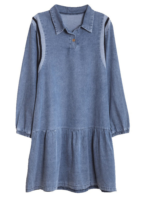 Loose Blue Peter Pan Collar Patchwork Denim Mid Dress Spring