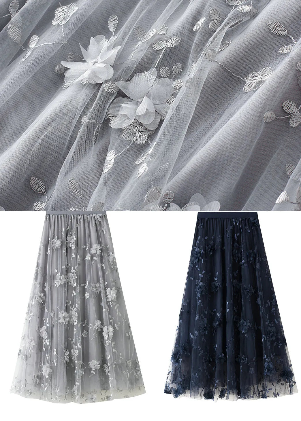 Simple Grey Embroideried Elastic Waist Tulle a Line Skirts Spring