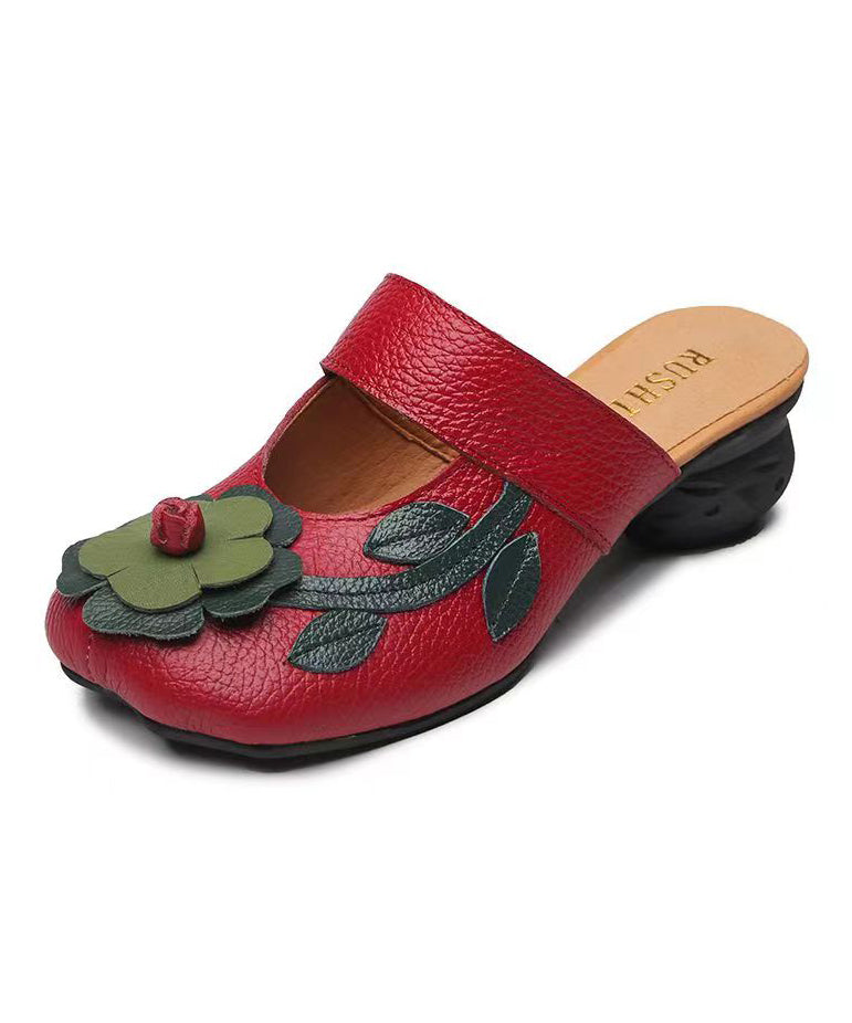 Red Chunky Cowhide Leather Unique Splicing Slide Sandals