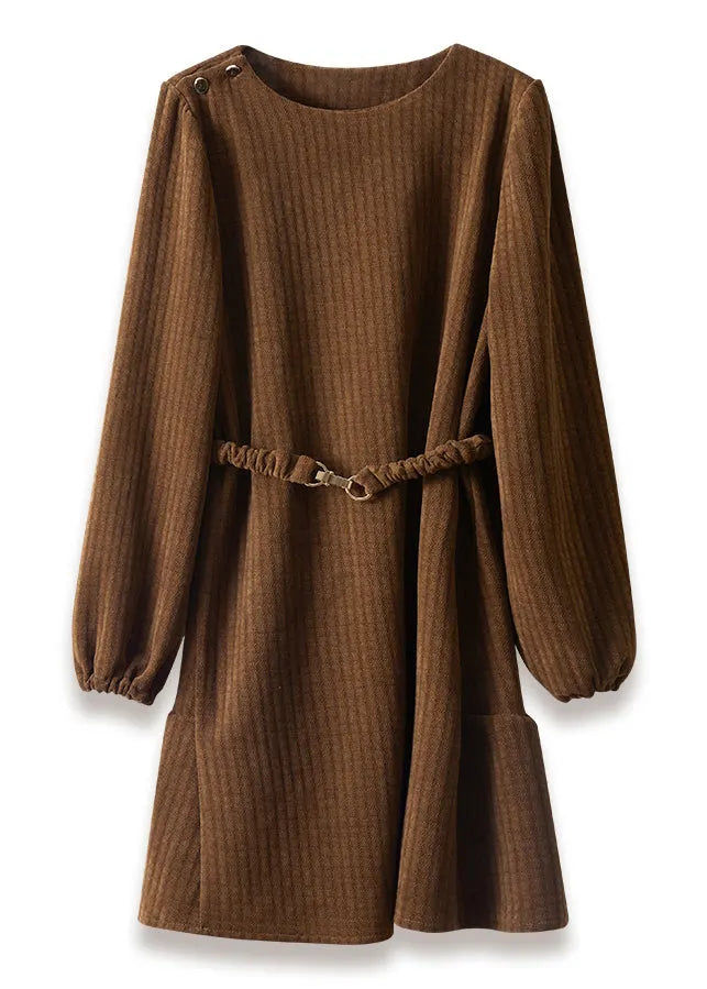 Brown Thick Cotton Tunic Dress Spring