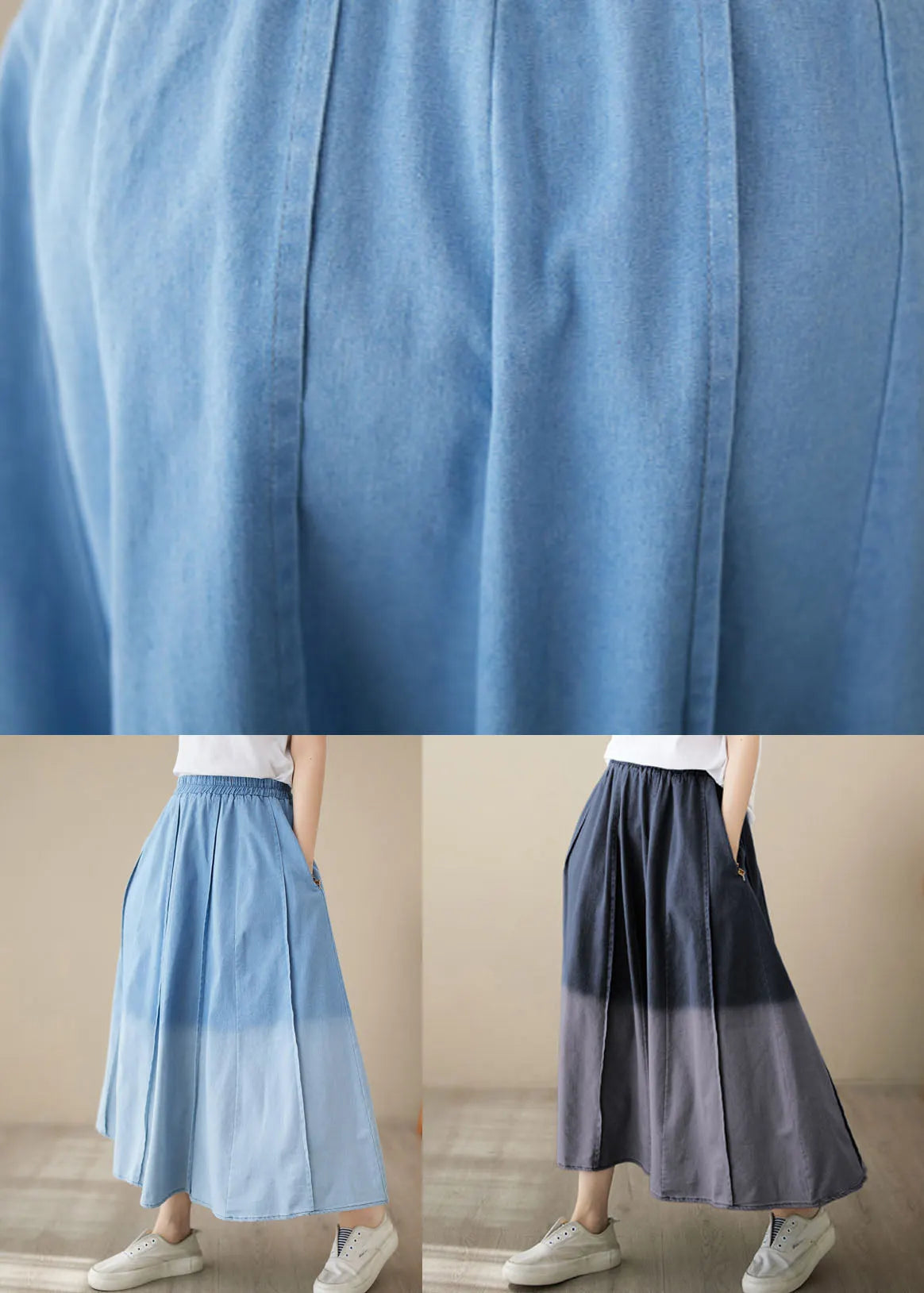 Light Blue Pockets Patchwork Denim Skirts Wrinkled Summer