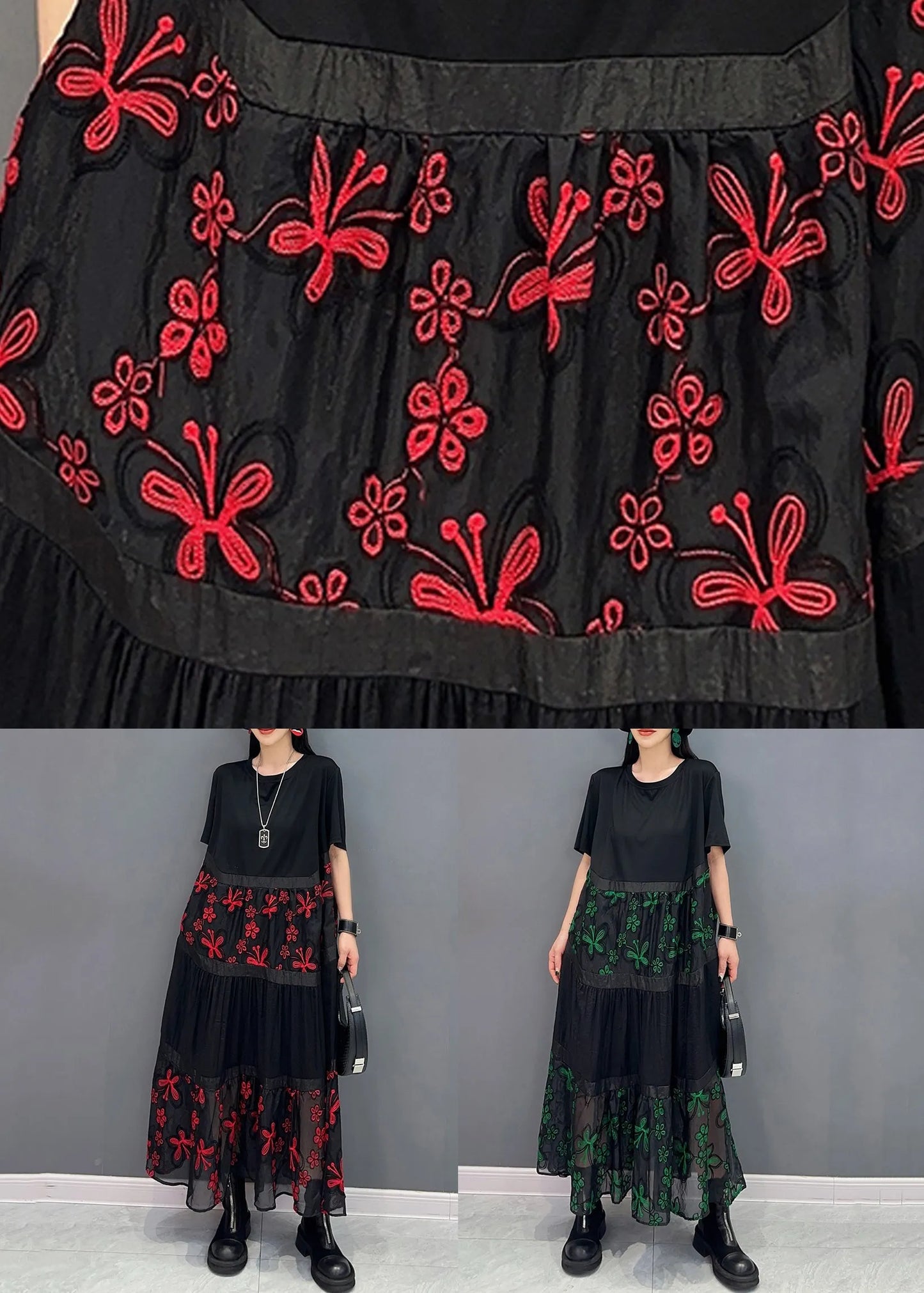 Green Tulle Patchwork Cotton Long Dresses O Neck Short Sleeve