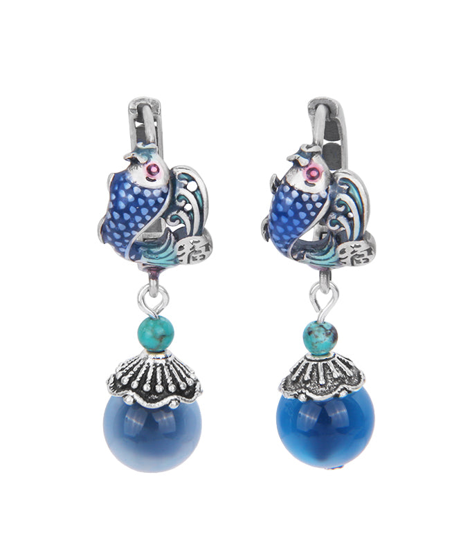 Blue Sterling Silver Cloisonne a Fish Leaping Over the Dragon Gate Drop Earrings