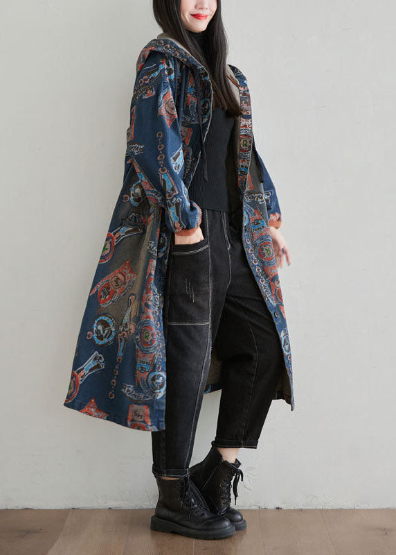 Navy Hooded Patchwork Print Denim Cardigan Spring