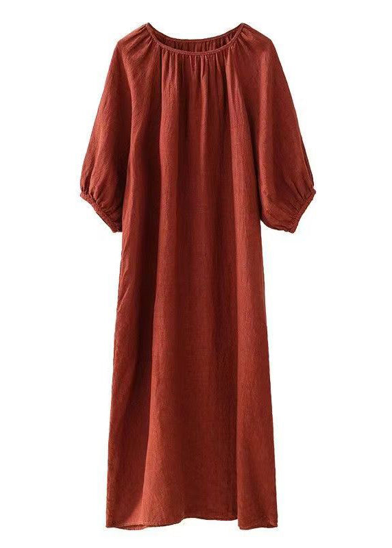 Handmade Loose Orange O-neck Linen Dress Summer