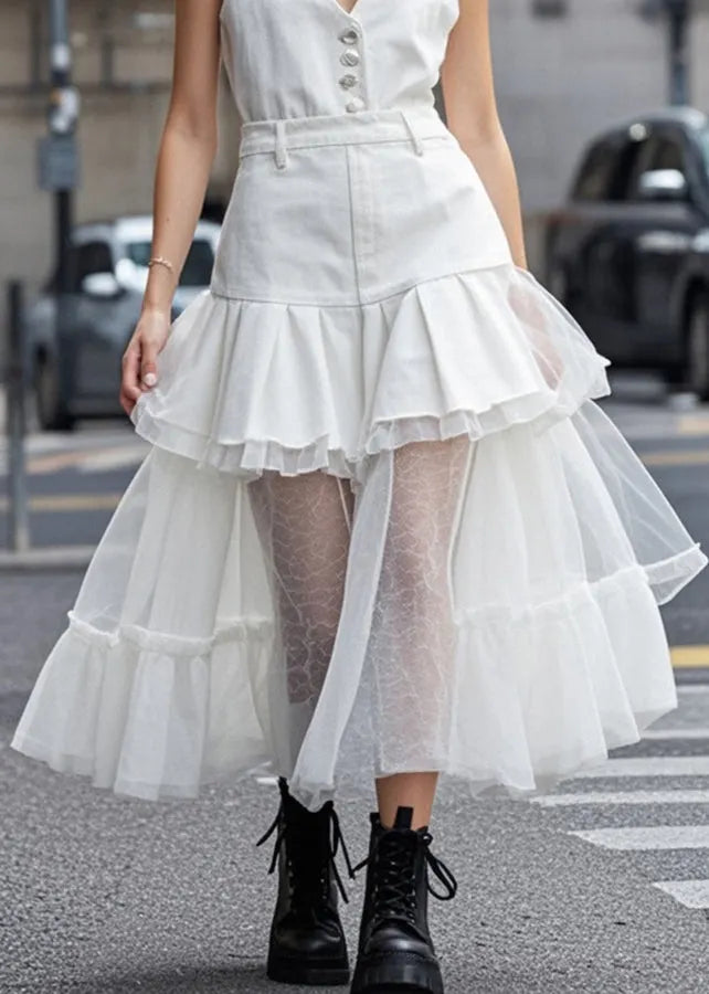 White V Neck Tulle Patchwork Denim Dress Summer