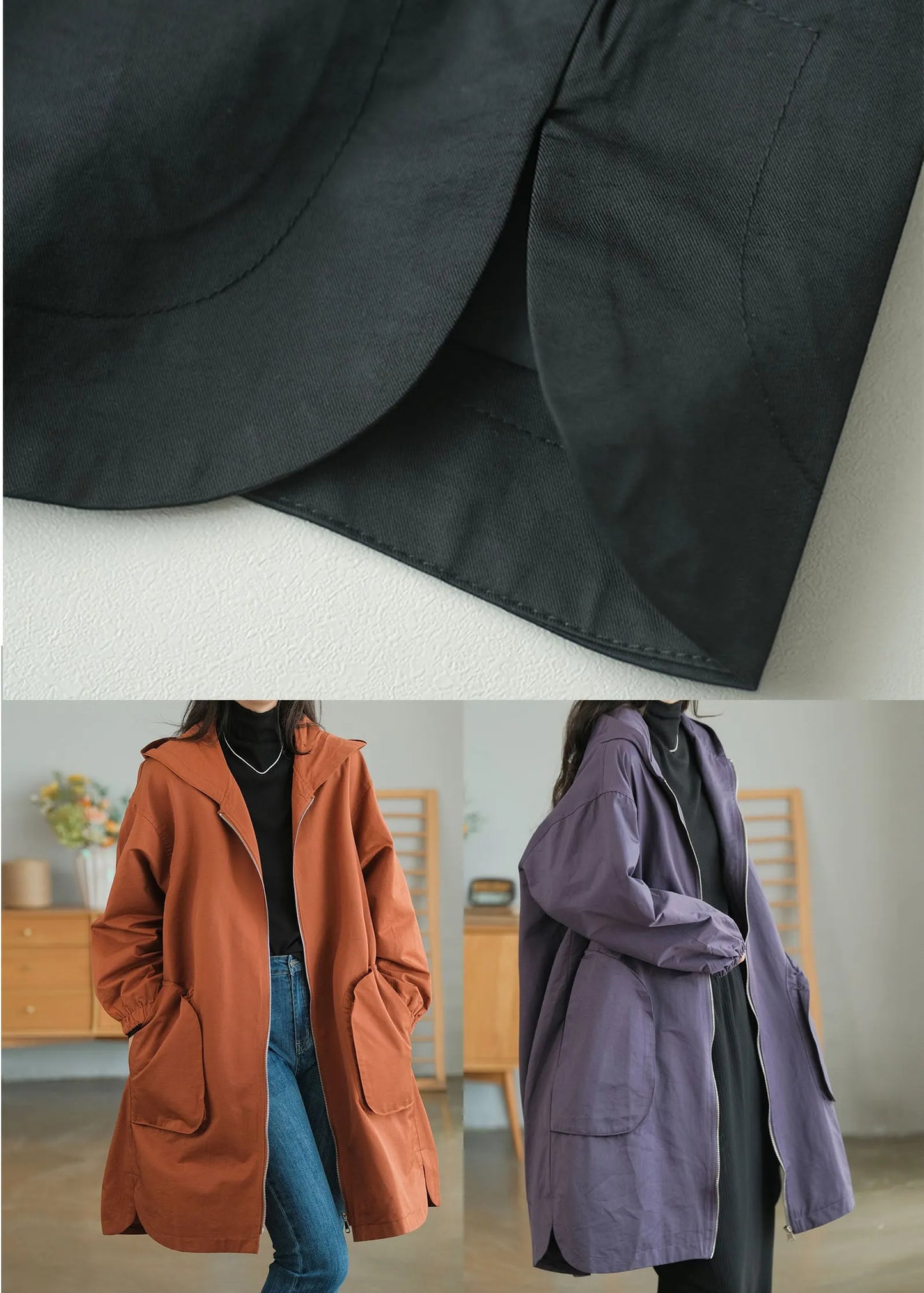 Black Zip Up Color Cotton Trench Coats Fall