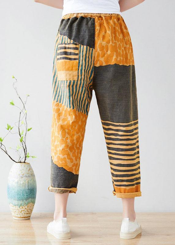 Modern Yellow Retro Colorblock Tie Waist Fall Pants Denim