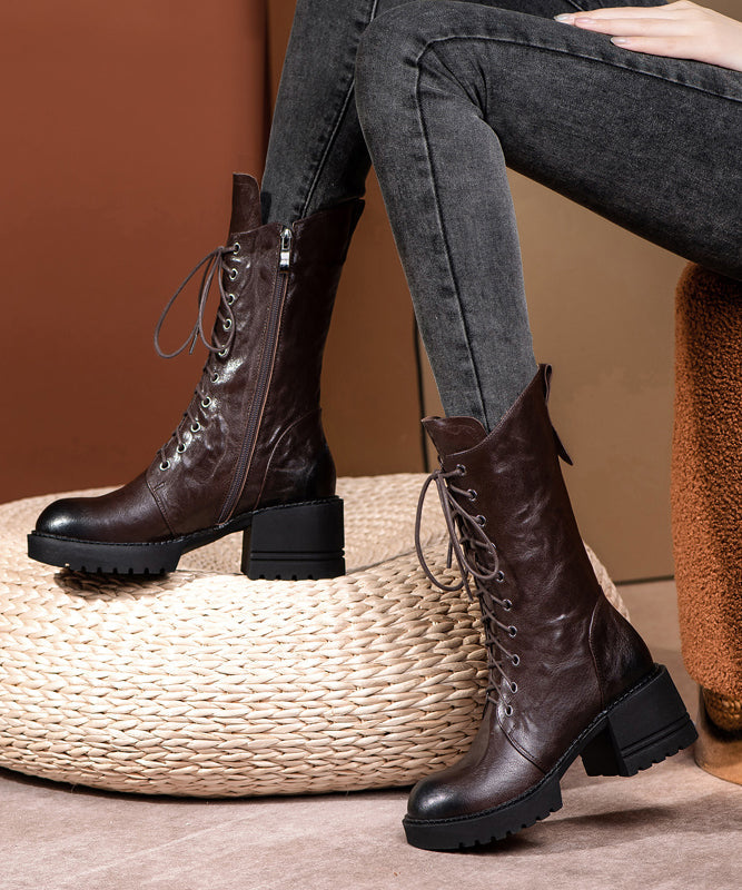 Brown Boots Cross Strap Splicing Chunky