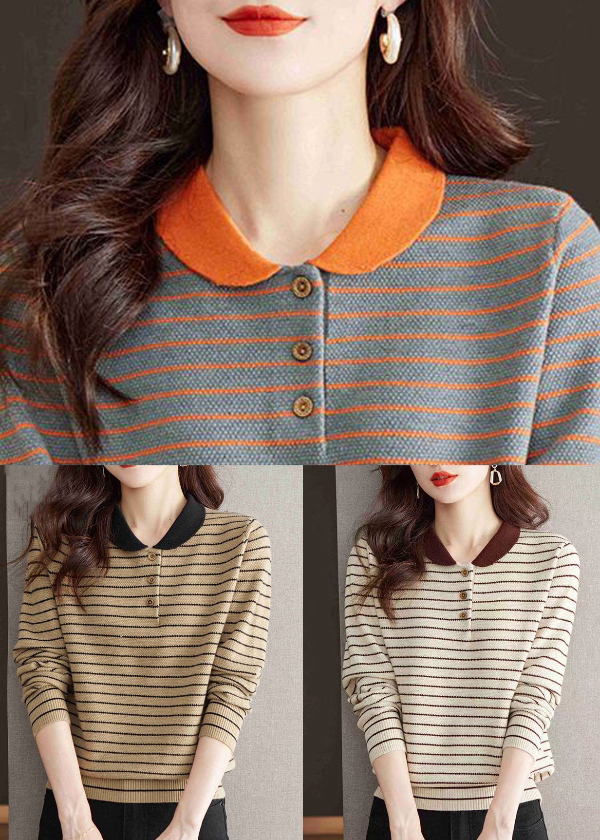 Striped Beige Button Cozy Patchwork Knit Sweater Tops