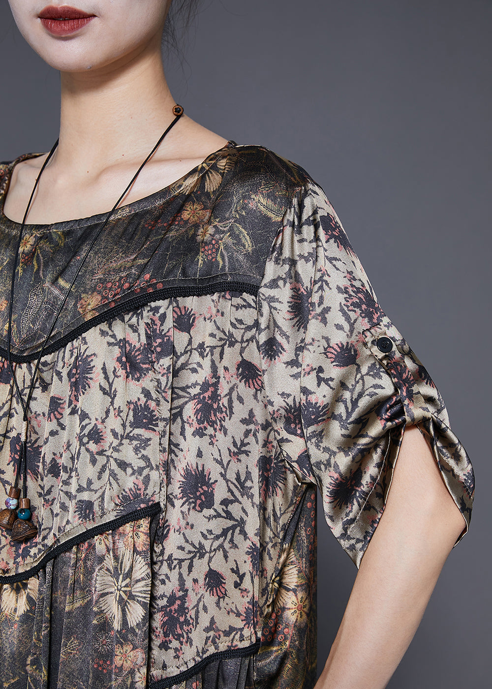 Khaki Oversized Patchwork Print Silk Dress Summer