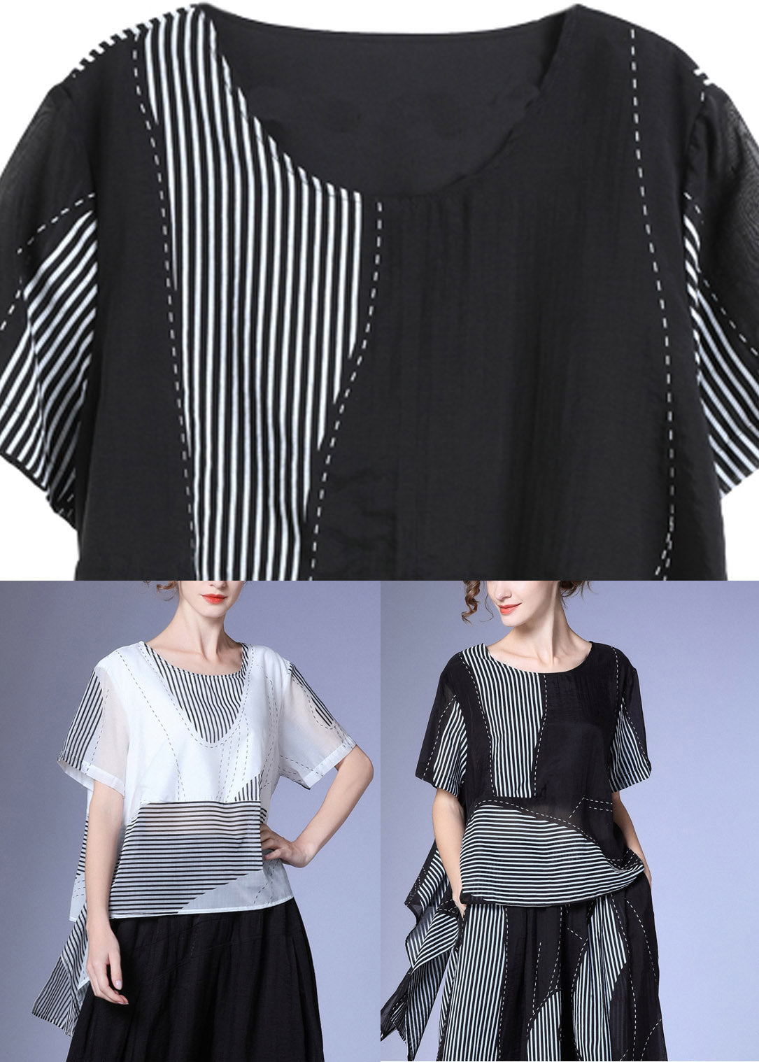 White O-neck Asymmetrical Silk T Shirt Summer