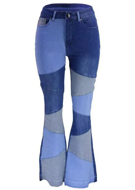 Unique Denim Blue High Waist Patchwork Flared Pants Summer