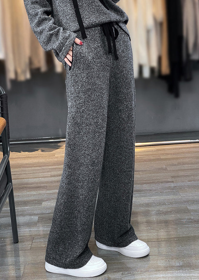 Simple Grey Hooded Pockets Woolen Two-piece Set Winter