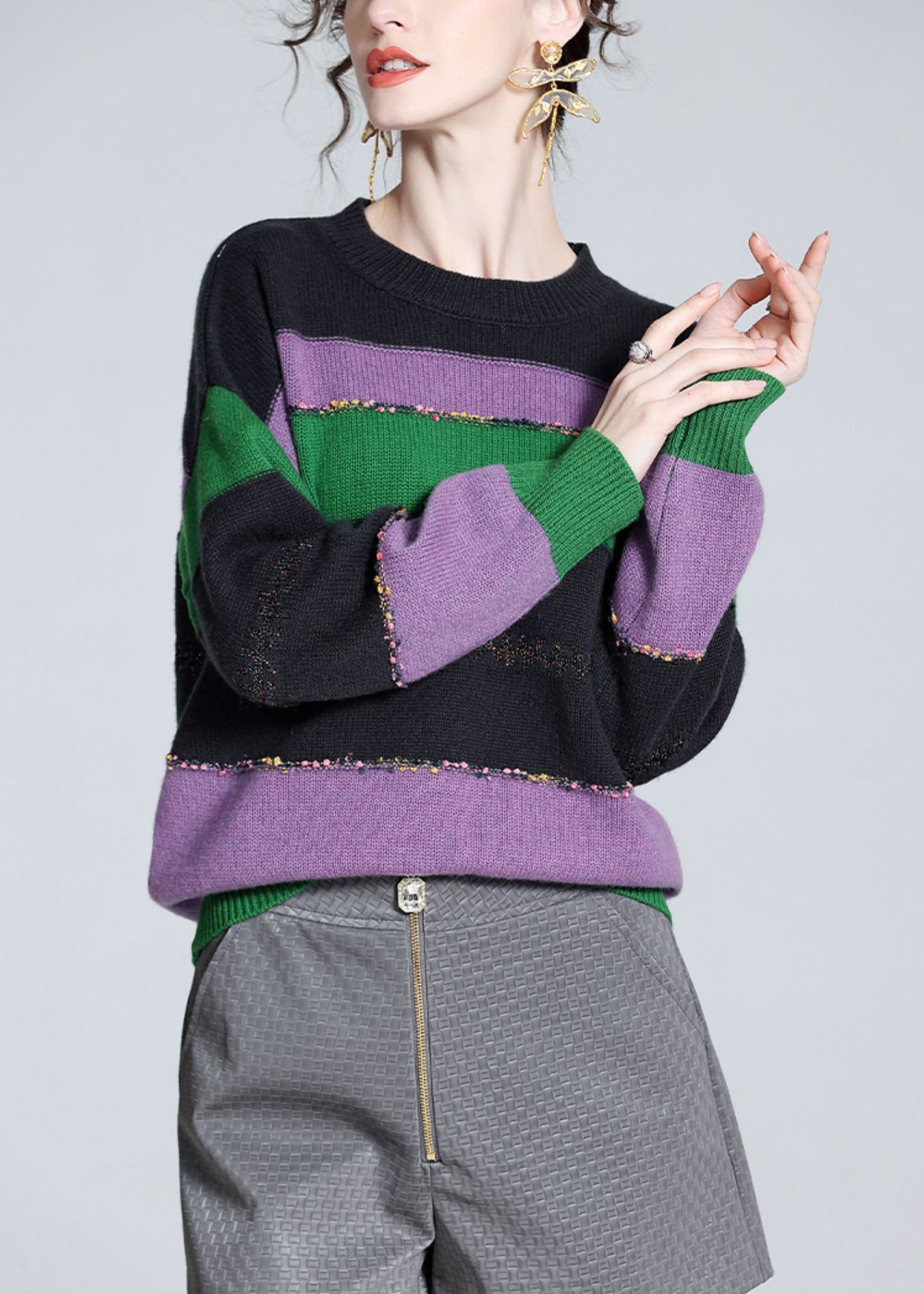 Purple O-neck Cozy Patchwork Wool Knit Sweater Winter