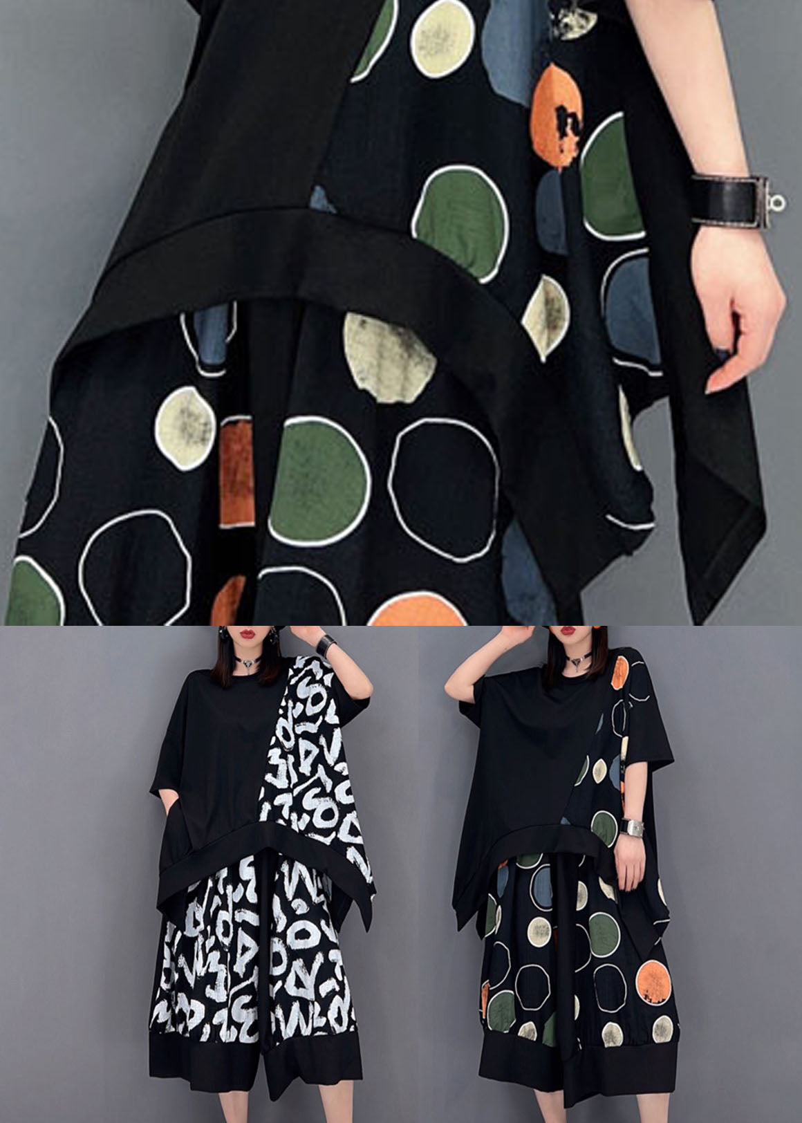 Black Letter Print Patchwork Cotton Top and Crop Pants 2 Pieces Asymmetrical Summer