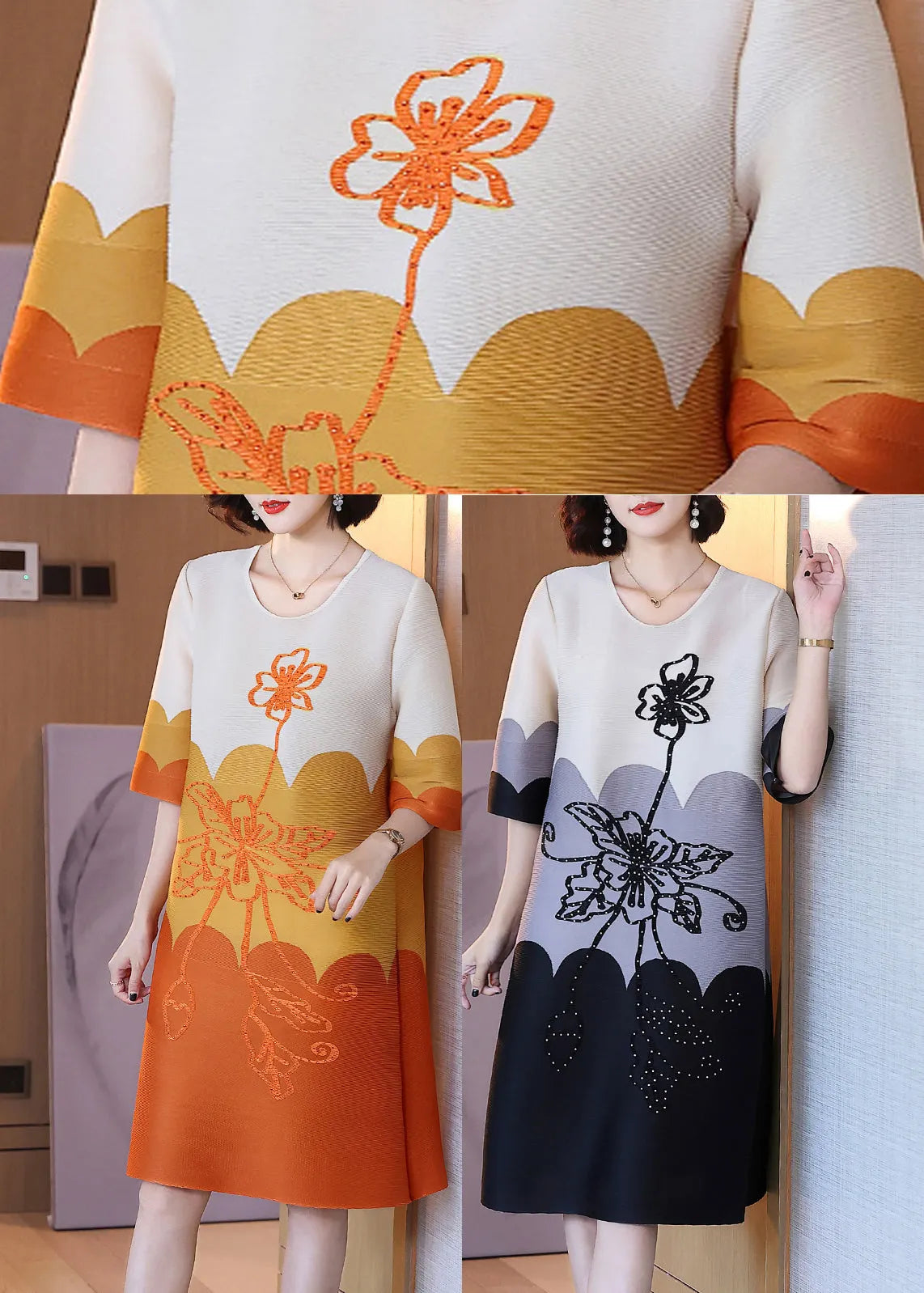 Natural Black O-neck Print Long Dress Half Sleeve