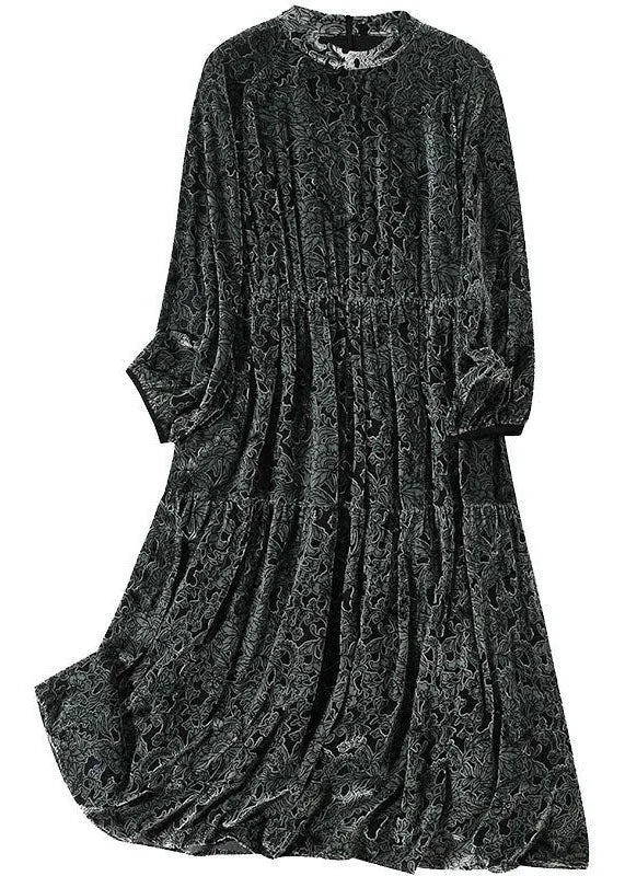 Grey O-neck Patchwork Print Silk Velour Maxi Dress Spring