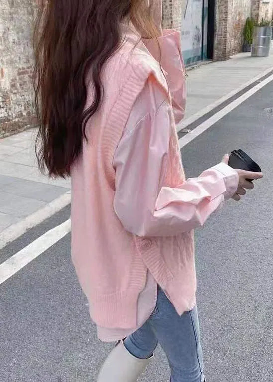 Pink Peter Pan Collar Shirts and Vest Knit Two Pieces Set Fall