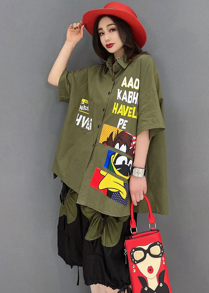 Novelty Army Green Character Applique Elastic Waist Drawstring Cotton Shirts and Shorts Two Pieces Set Summer