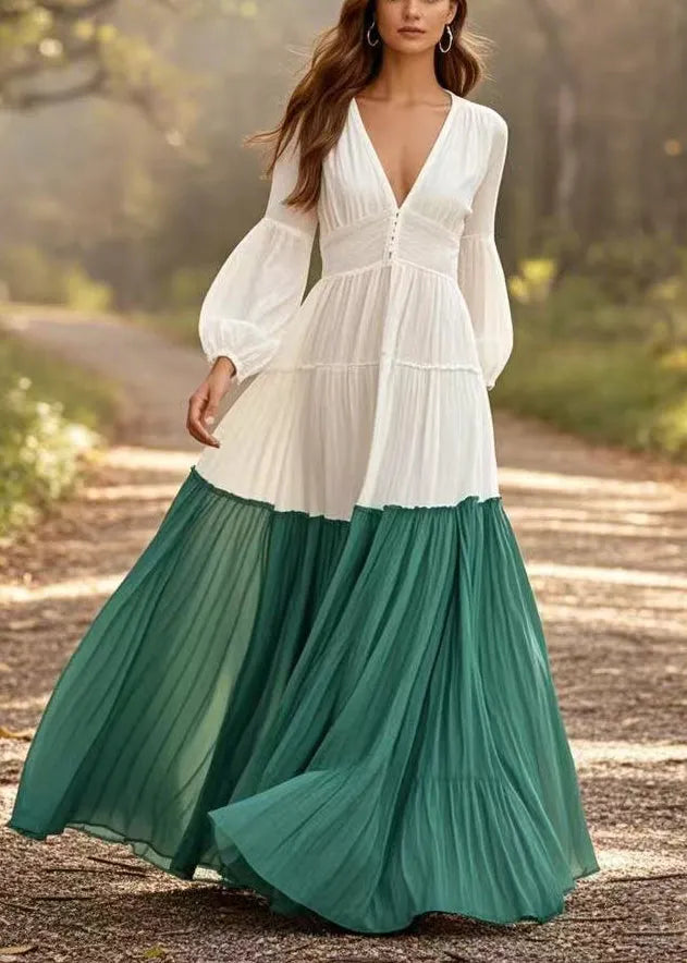 White V Neck Patchwork Exra Large Hem Cotton Pleated Dresses Spring