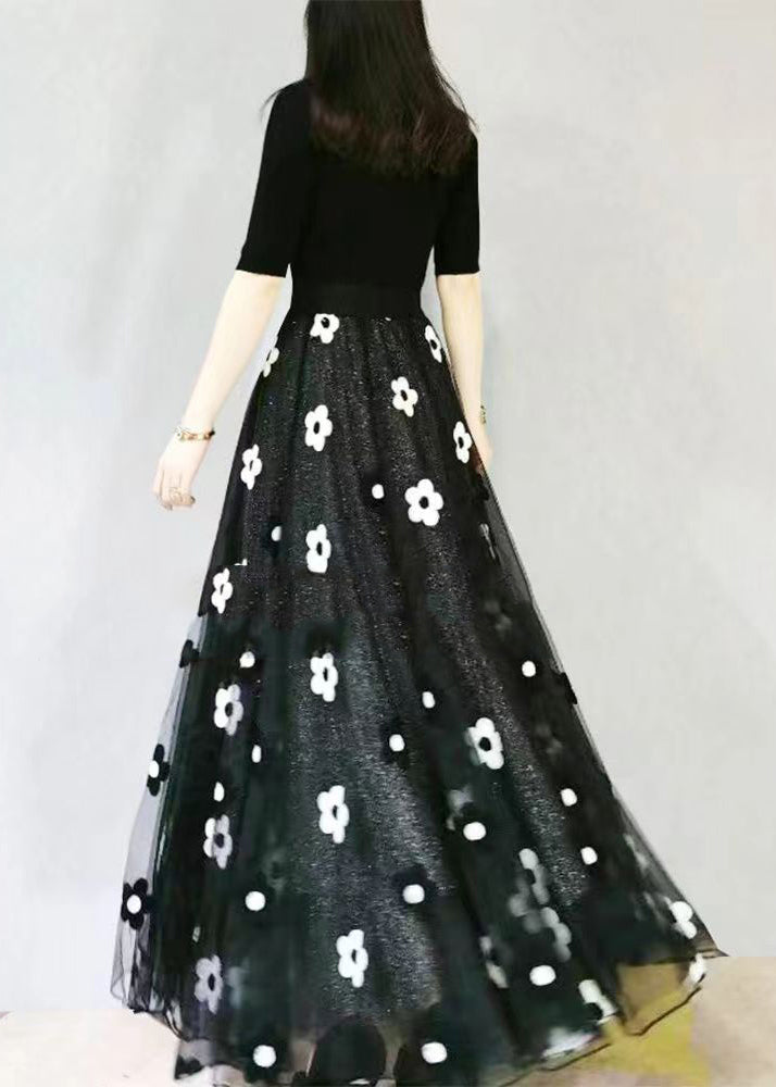 Black Embroidered Elastic Waist Tulle Skirt Spring