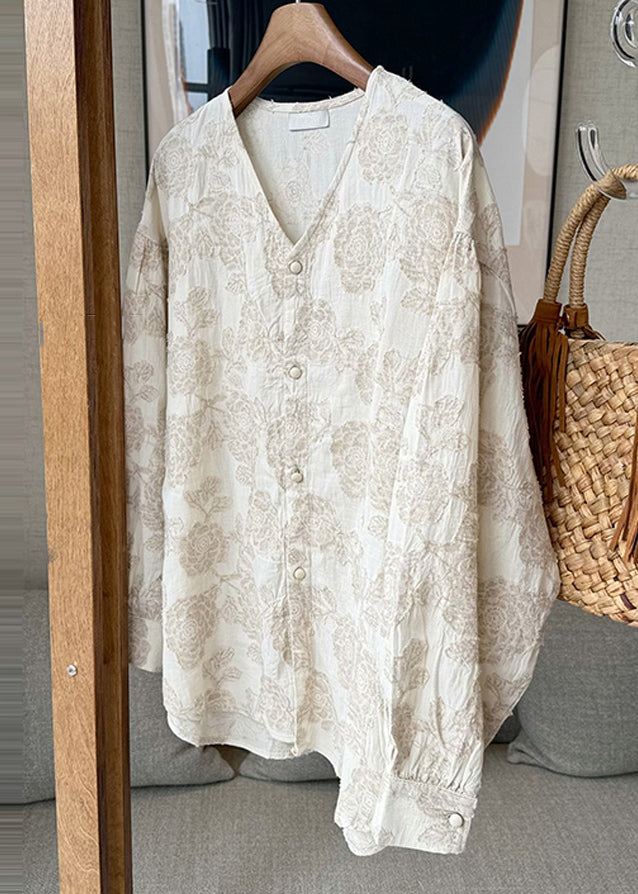 Apricot V Neck Jacquard Button Cotton Shirts Spring