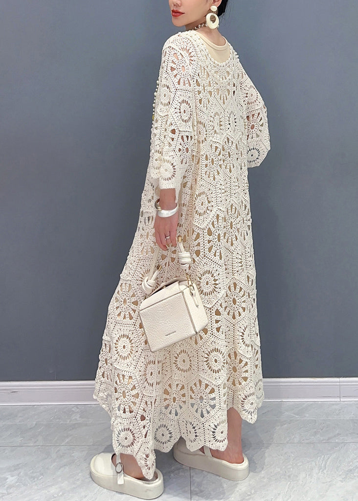 Simple Apricot O-neck Hollow Out Knit Maxi Dress Long Sleeve Summer