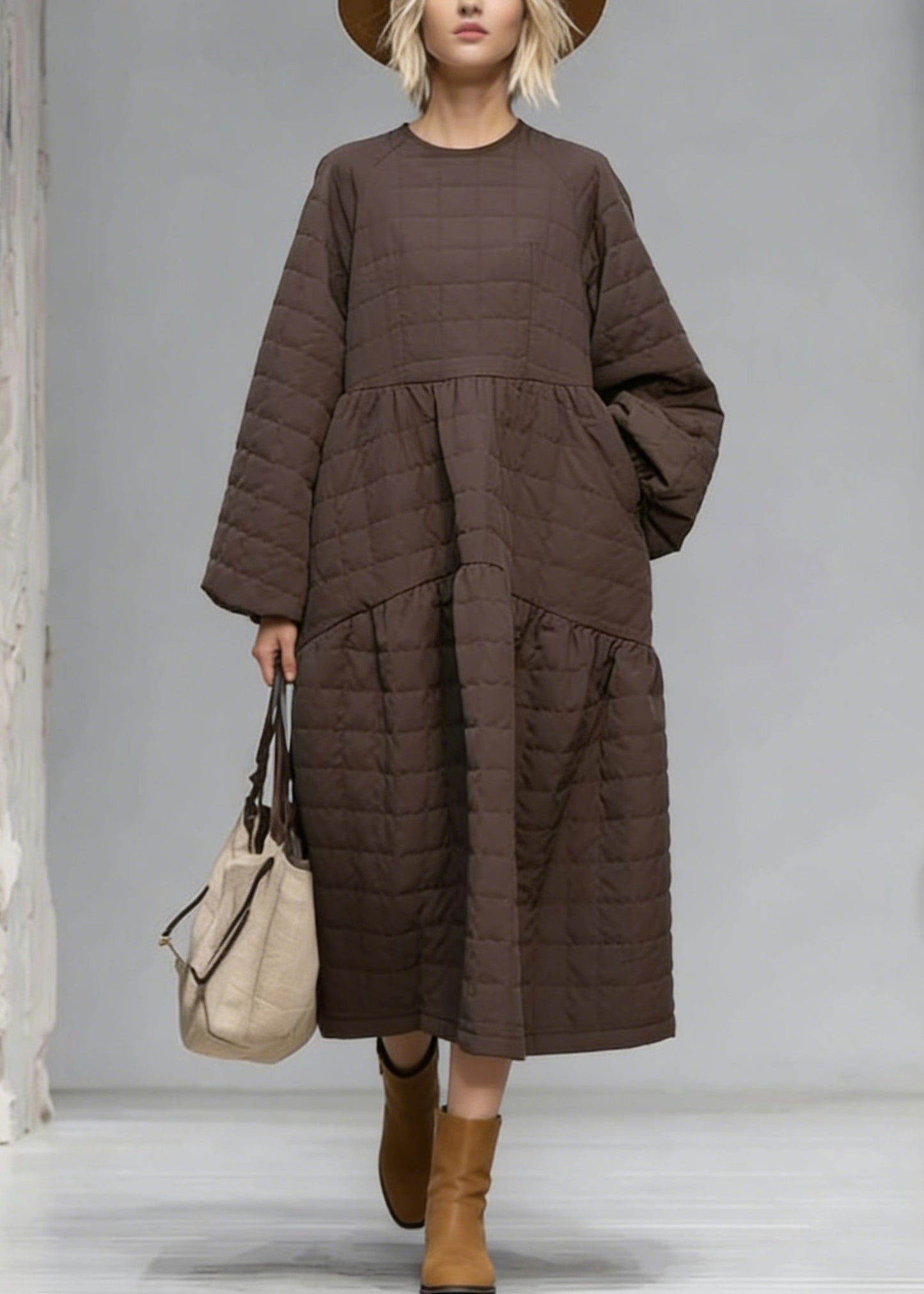 New Brown O Neck Patchwork Fine Cotton Filled Maxi Dress Winter