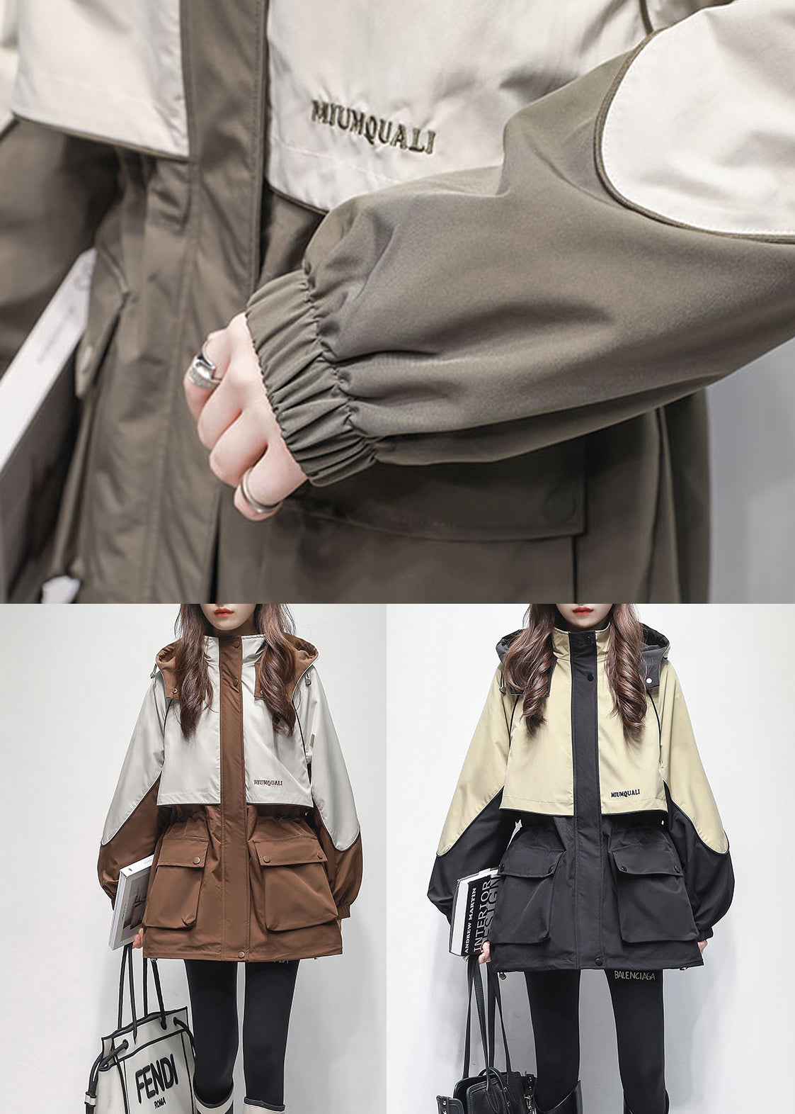 Loose Coffee Hooded Pockets Patchwork Warm Fleece Coats Winter