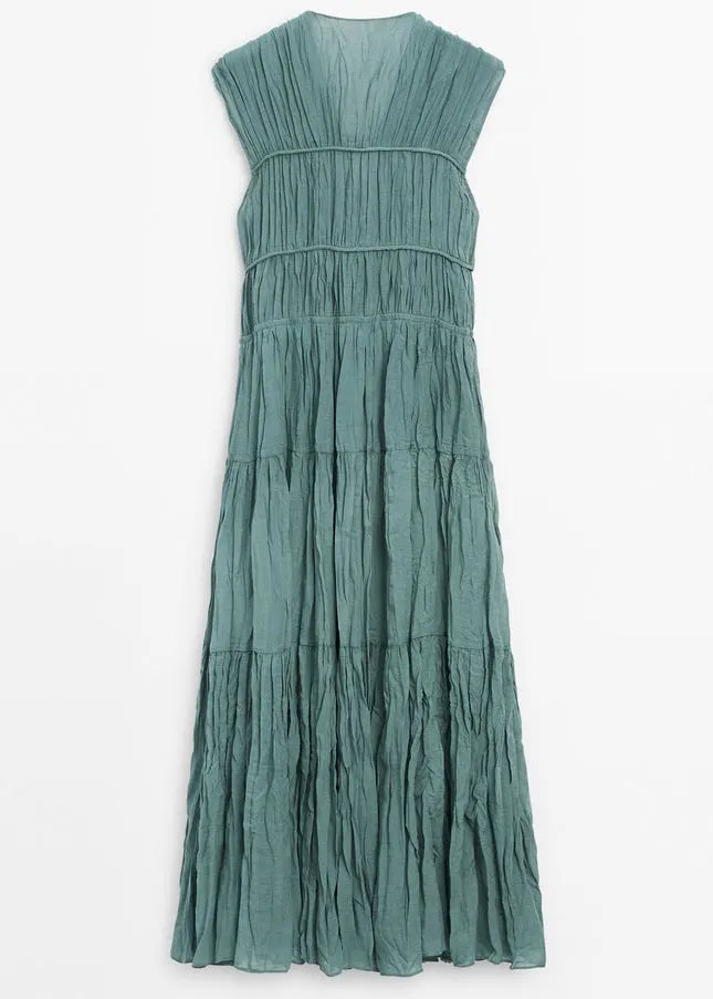 Blue V Neck Wrinkled Lace Up Cotton Long Dresses Summer