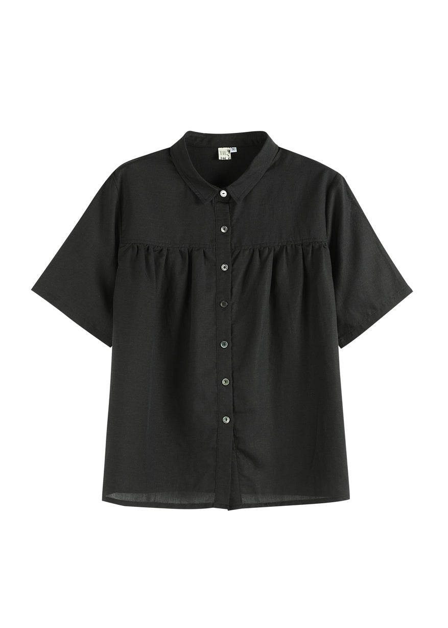 Simple Black Peter Pan Collar Wrinkled Button Linen Blouses Short Sleeve