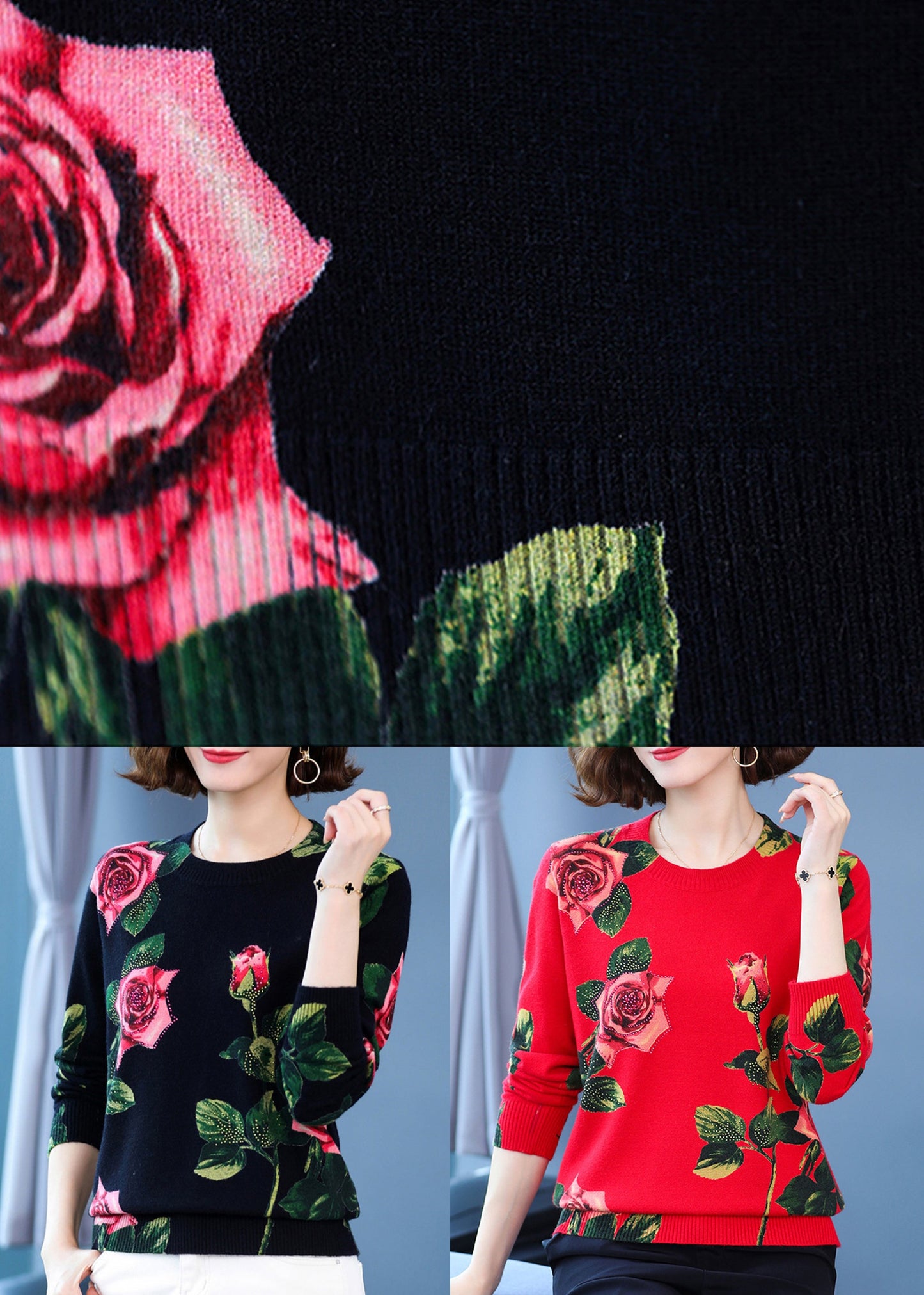 Black O Neck Print Woolen Knit Pullover Spring