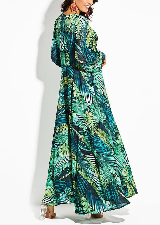 Green V Neck Print Lace Up Cotton Maxi Dresses Spring