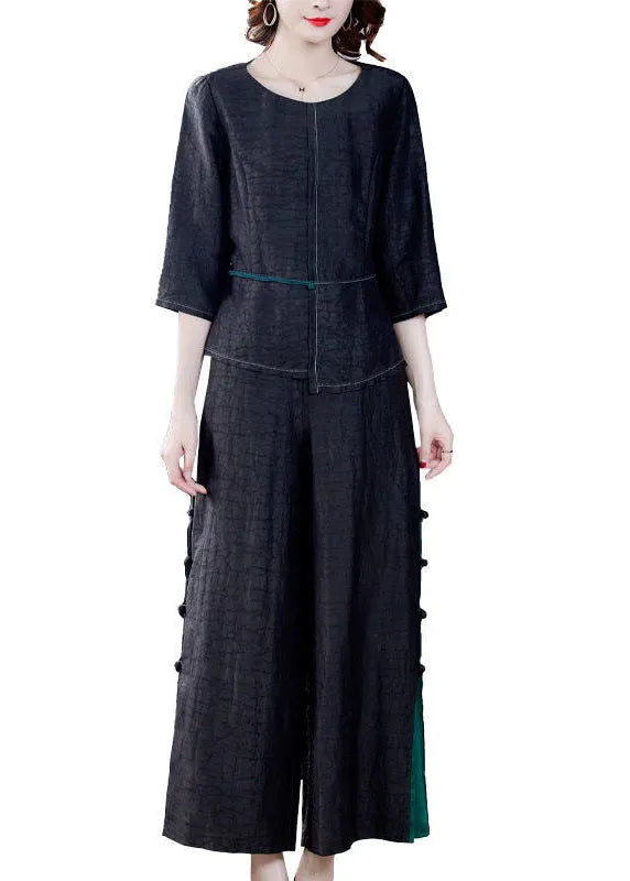 Black Asymmetrical Patchwork Wrinkled Silk Two Piece Suit Set Summer