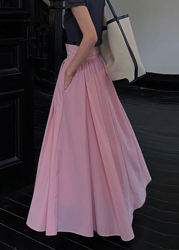 Brief Pink Wrinkled High Waist Pockets a Line Cotton Skirts Summer