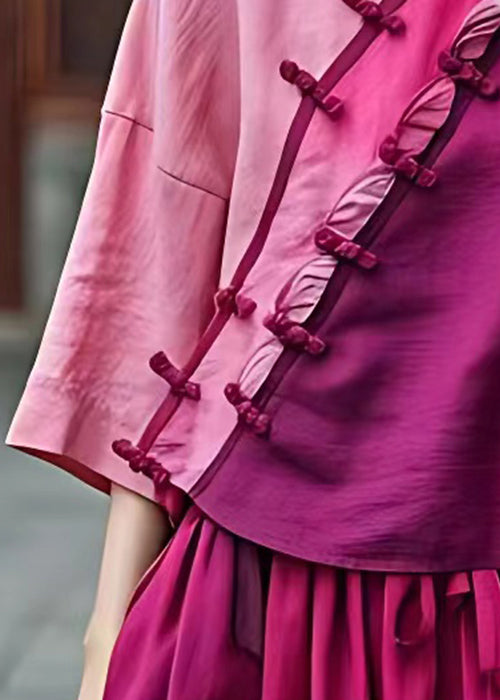 Pink Asymmetrical Button Cotton Shirt Batwing Sleeve