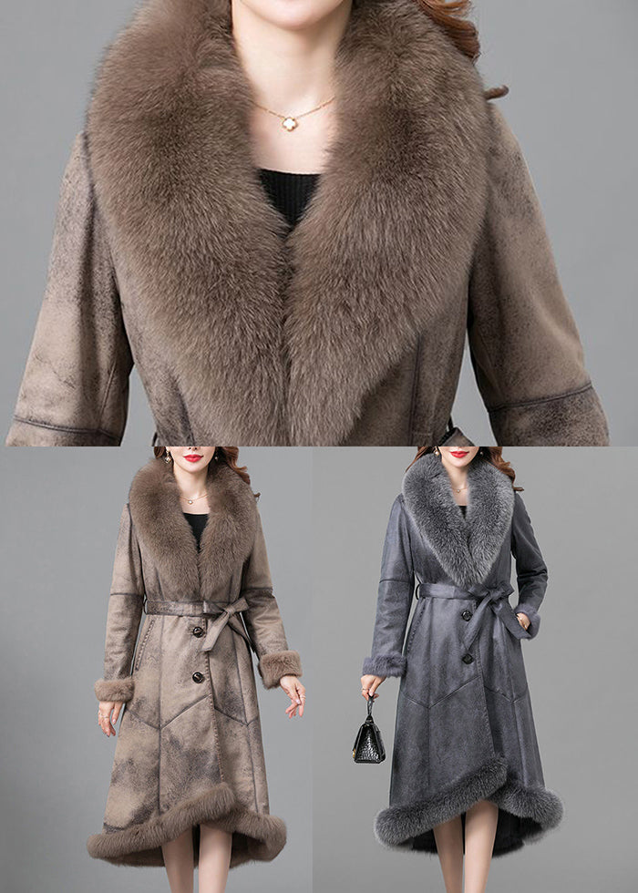 Khaki Fox Collar Tie Waist Fuzzy Rabbit Leather and Fur Coats Winter