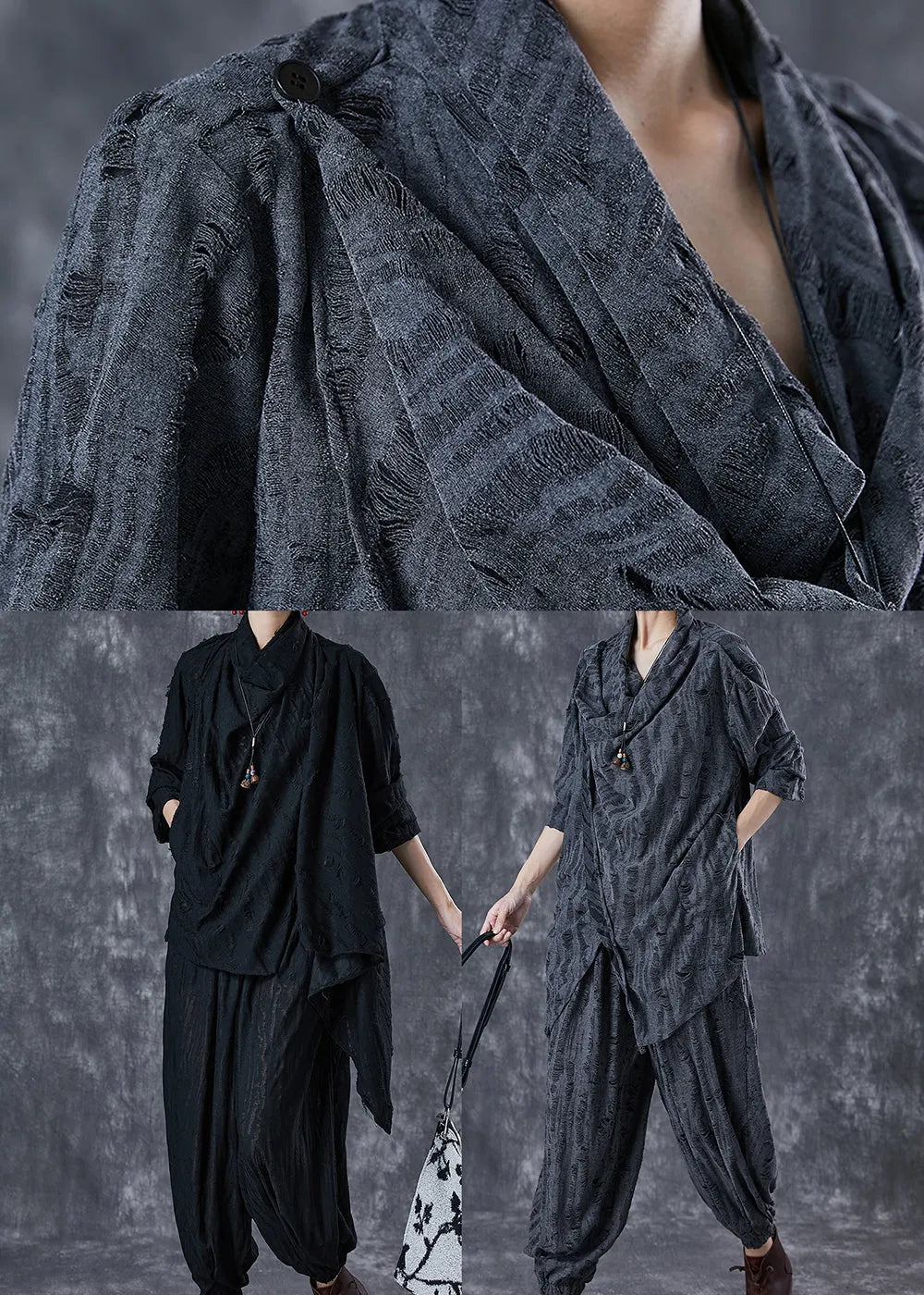 Grey Asymmetrical Cotton Ripped Two Pieces Set Fall