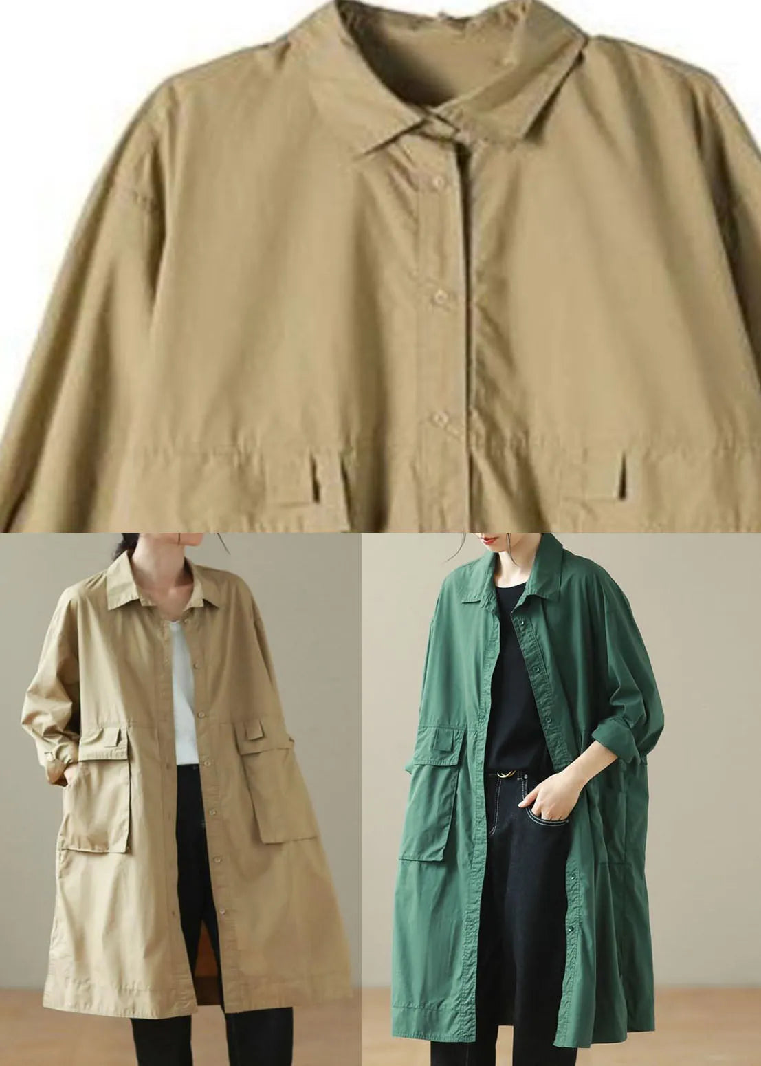 Khaki Peter Pan Collar Mid Trench Coats Long Sleeve