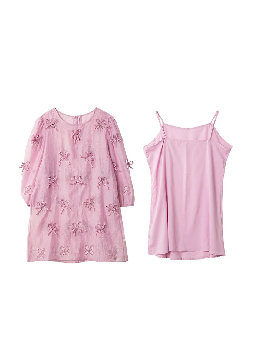 Style Light Purple O Neck Bow Zircon Chiffon Two Piece Set Mid Dress Summer