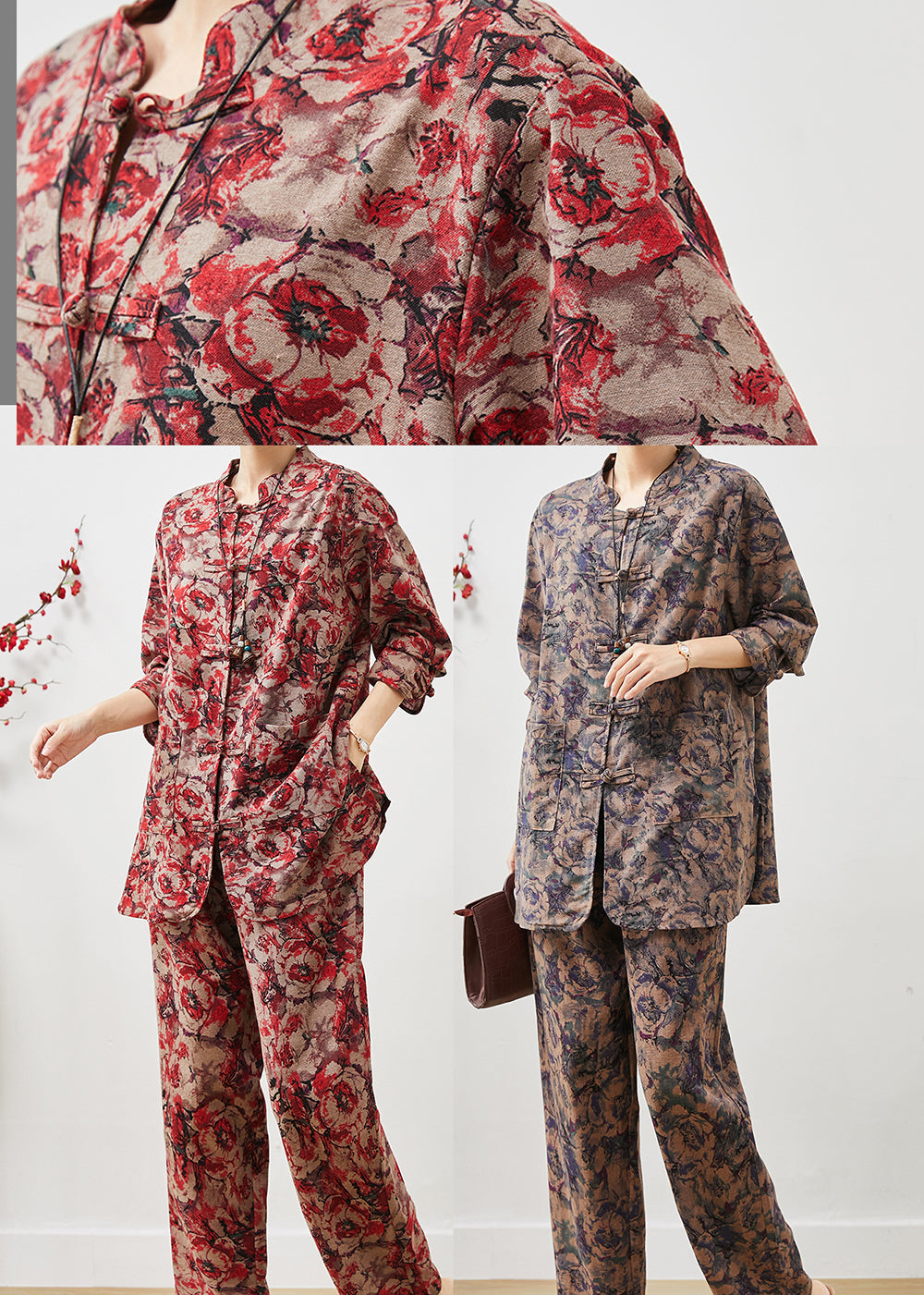 Red Print Chinese Button Linen Two Pieces Set Spring