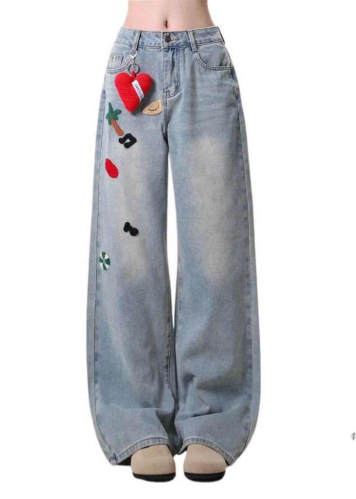 Blue Embroidered Pockets Denim Pants Spring
